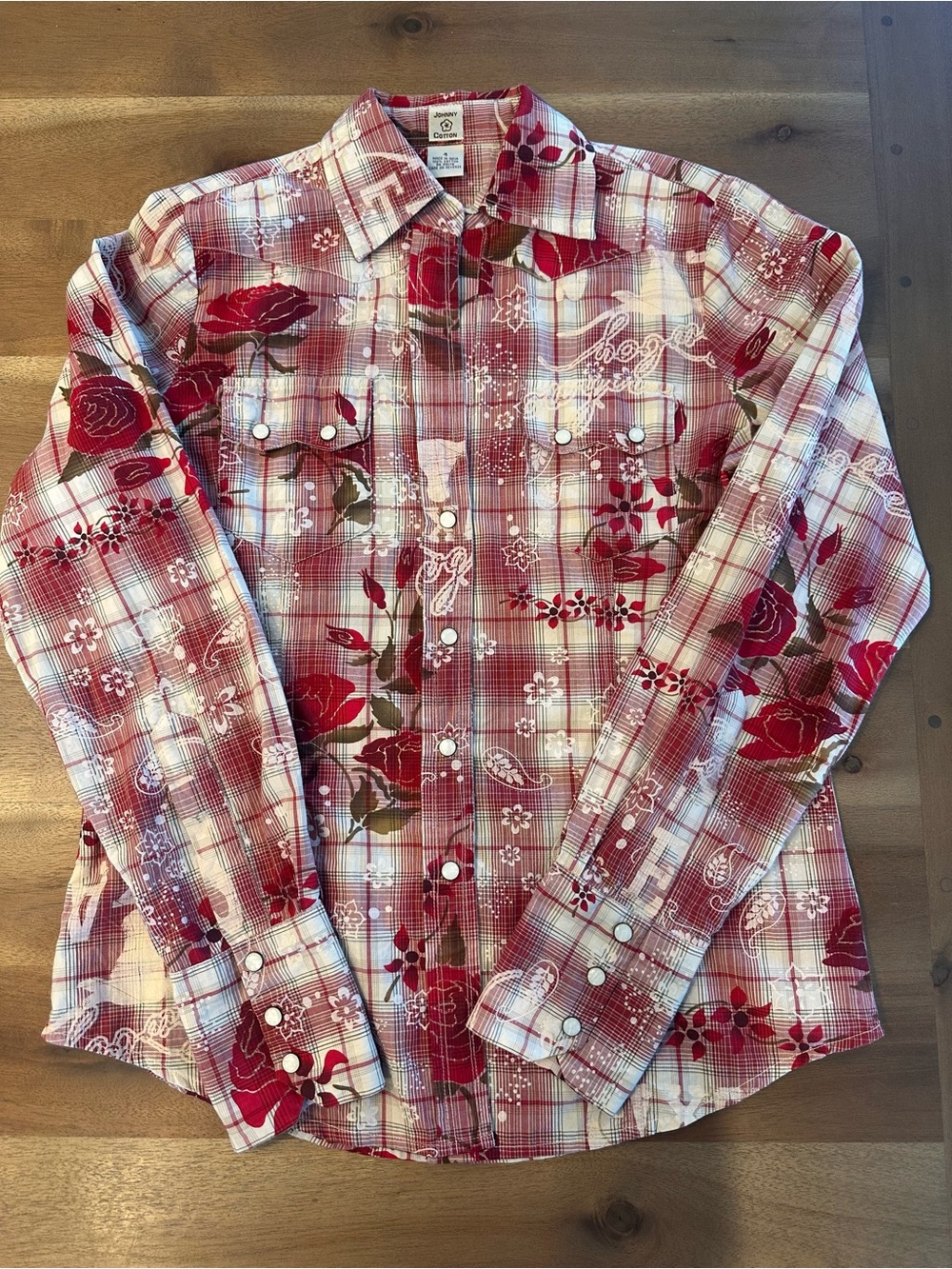 Red Floral Plaid Button-Front Women's Shirt